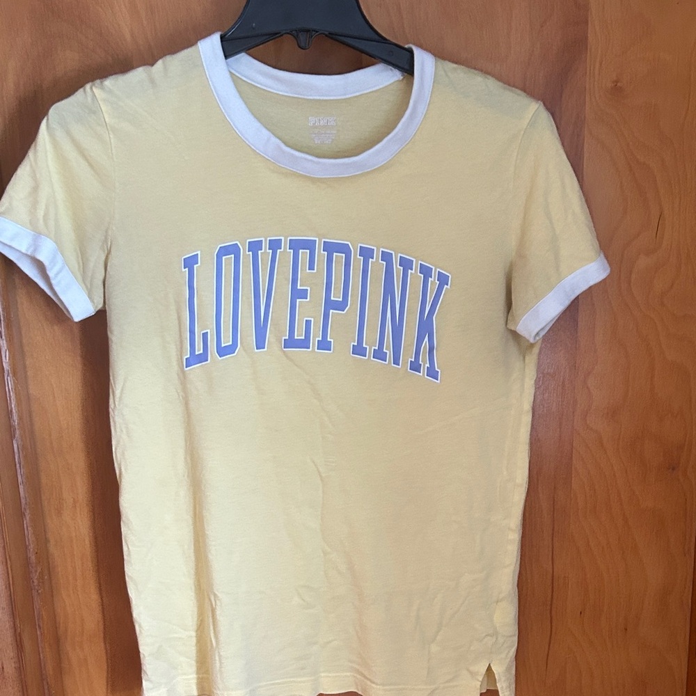 PINK Victoria's Secret Yellow 'LOVEPINK' Short Sleeve Ringer Tee